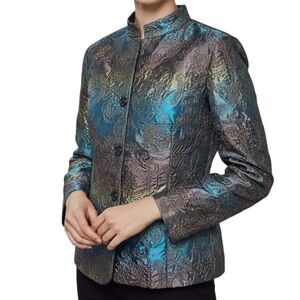 Chicos 2 Large Bronze Teal Embroidered Metallic Lined Blazer Jacket